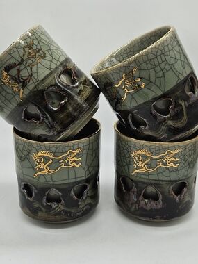 4 set Somayaki Soma Ware Green Crackle Sake Tea Cup Double Wall Gold Heart Horse